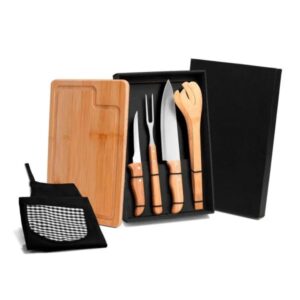 Kit Para Churrasco Em Bambu / Madeira / Inox Com Avental - 6 Pçs - PR ME04803