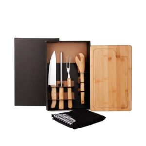 Kit Para Churrasco Em Bambu / Madeira / Inox Com Avental - 6 Pçs - PR ME04813