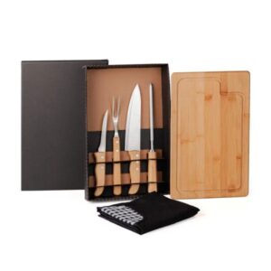 Kit Para Churrasco Em Bambu / Madeira / Inox Com Avental - 6 Pçs - PR ME04823