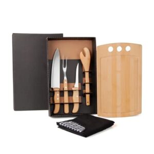 Kit Para Churrasco Em Bambu / Madeira / Inox Com Avental - 6 Pçs - PR ME21803